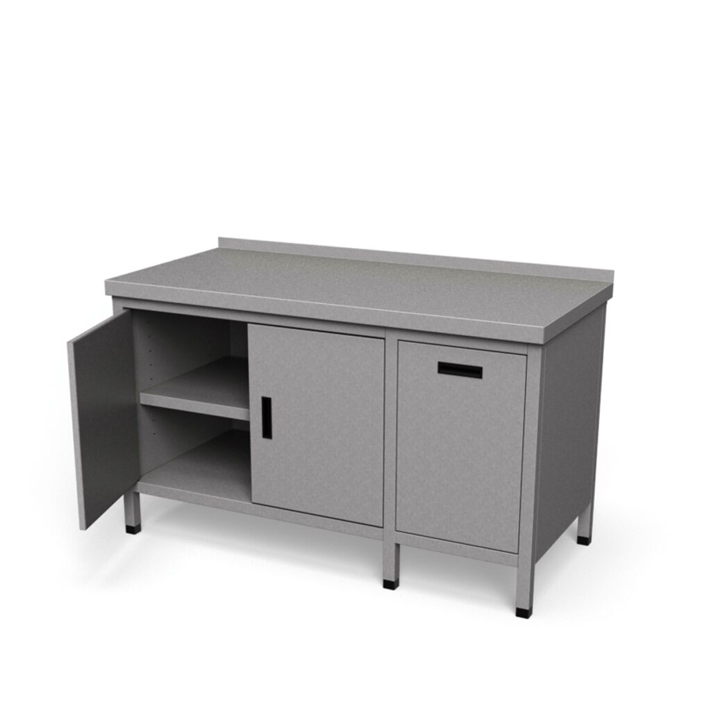 Nerezový pracovný stôl s výklopným košom a otváracími dverami | SD-3