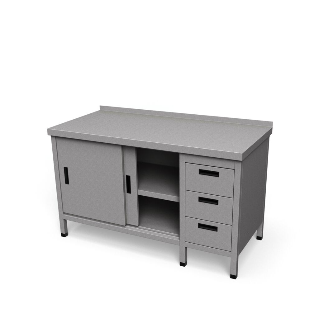Nerezový pracovný stôl so zásuvkami a posuvnými dverami | ZS-4