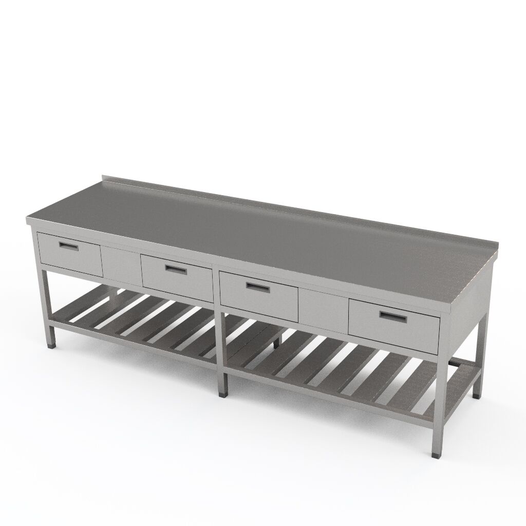 Nerezový pracovný stôl so zásuvkami a roštovou policou | ZSR-4